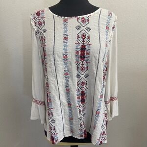 Hannah Womens Large White Blue Red Boho Tribal Bell Sleeve Blouse Excellent